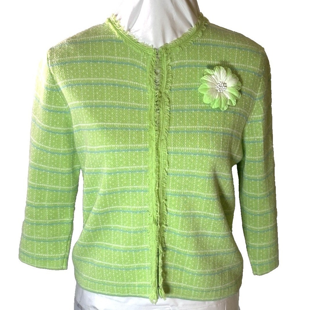 Vintage Women's Green Sweater, Sz SP 3/4 Cardigan Fringe Trim flower Elphaba top